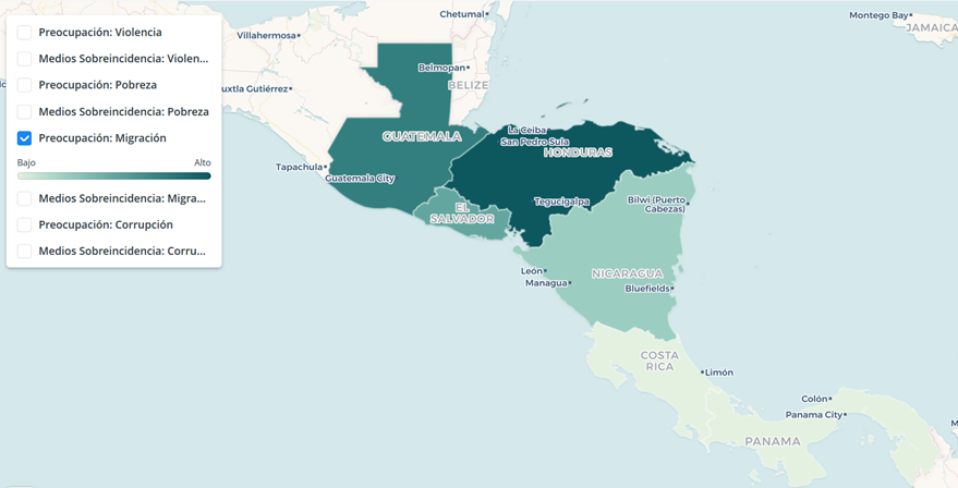 Nivel de preocupación sobre migración. Un color con mayor intensidad indica una mayor preocupación.